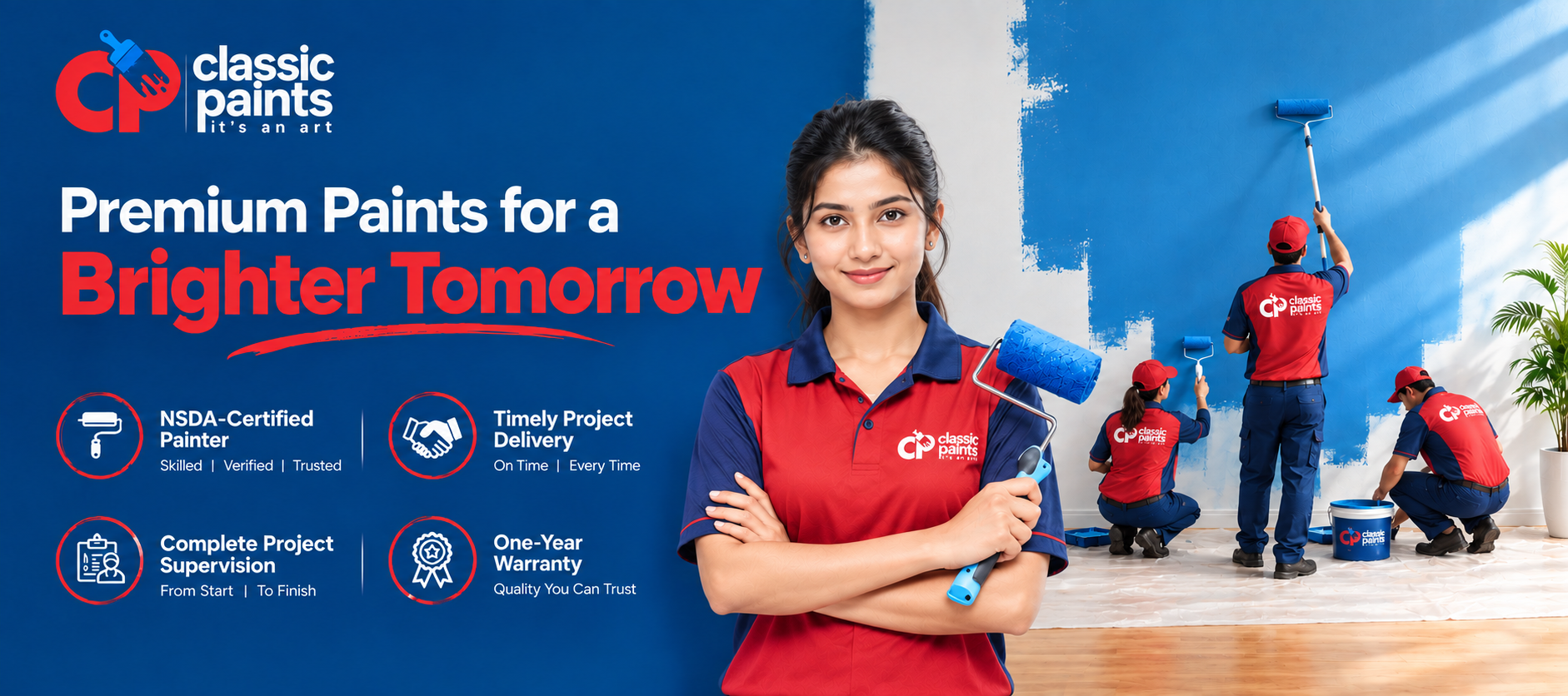 Classic Paints decorating team in red and blue uniforms, a painter holding a roller in front of a wall being painted blue