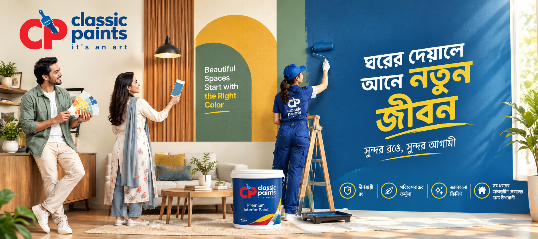 A couple comparing a colour swatch deck while a Classic Paints decorator on a ladder paints a living room wall blue, Premium Interior Paint bucket in front
