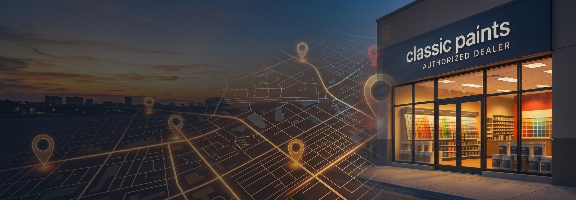 Classic Paints authorized dealer storefront at dusk with a glowing dealer-location map